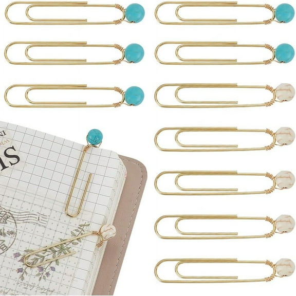10 pcs Bookmark Marking Clips Oval Paper Clips Cute Funny 2 Color Paperclip with Gemstone Beads