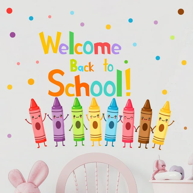 Adhesivos de pared coloridos con dibujos animados de crayones con dibujos animados de regreso a la e