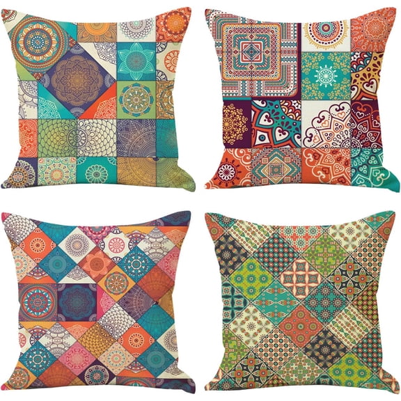 Boho Throw Pillow Covers 18x18 Inch, 4 Pcs Square India Pillow Cases Cushion Bohemian Decorations for Sofa Bed Home