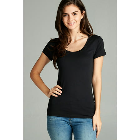 Women Basic Plain Scoop Neck Short Sleeve T-Shirt Stretch (Best Basic Tees Womens)