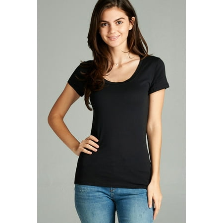 - Women Basic Plain Scoop Neck Short Sleeve T-Shirt Stretch Tee
