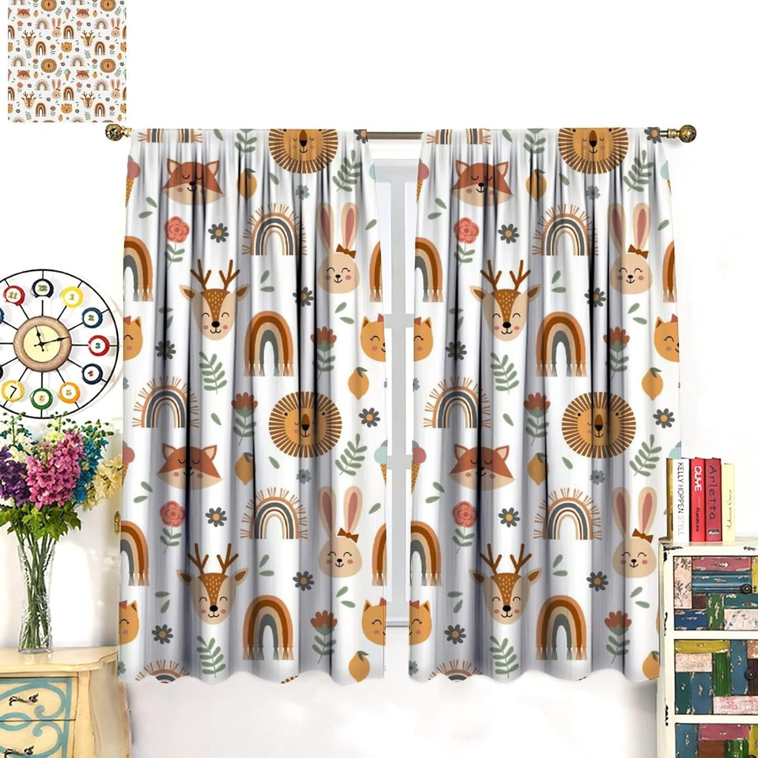 Kids Colorful Animals Curtains Cute Cartoon Funny Wildlife Rainbow Flower Leaf Art Print for Kids Bedroom Nursery Decor Rod Pocket Blackout Window Drapes 2 Panels 42x63in