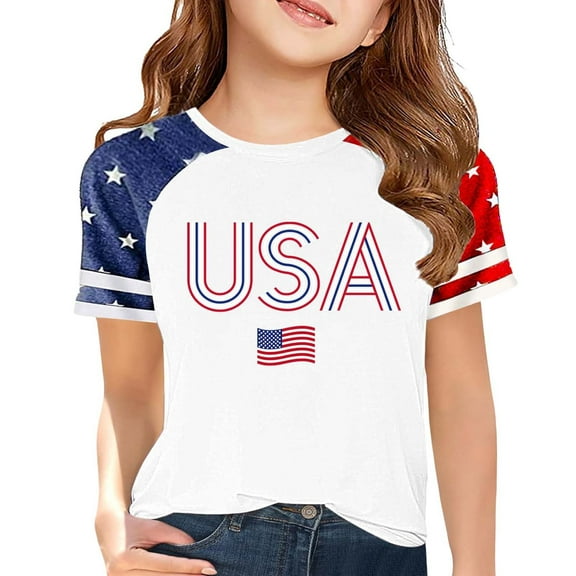 XXWXYD Kids Patriotic Stars Stripes Tee, Independence Day Themed Comfort Fit T-Shirt, Holiday Celebration Top for Girls 3-14 Years