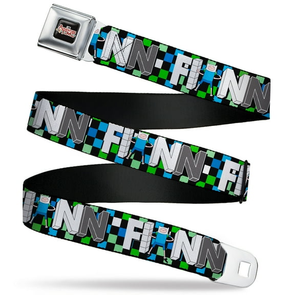 Cartoon Network Belt, Seatbelt Buckle Belt, Adventure Time Finn Block Letters Pose Checker Green Blue, 30 to 44 Inches