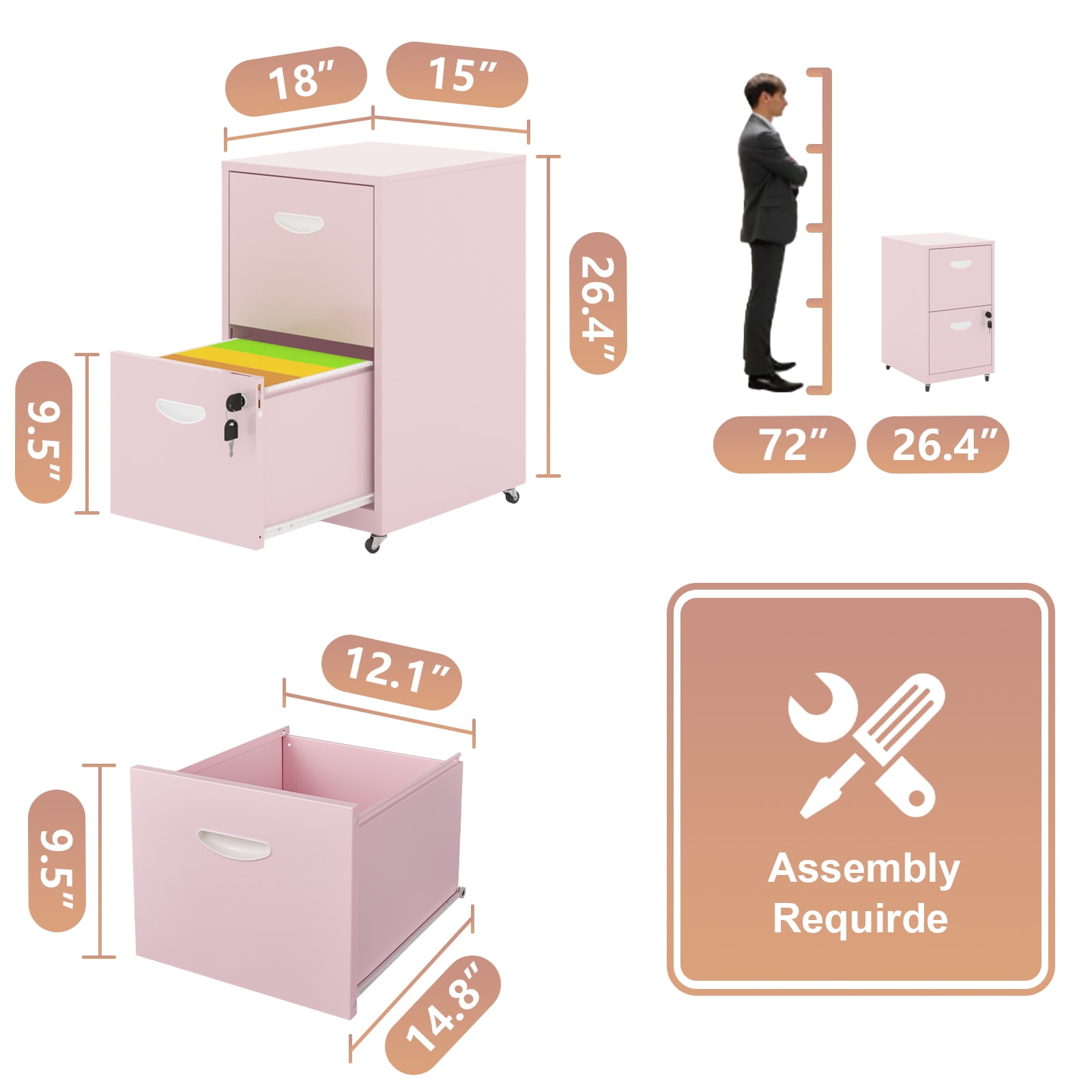Polup Pink Office Mobile Vertical File Cabinet with Lock and Rolling Wheels 18"D Metal