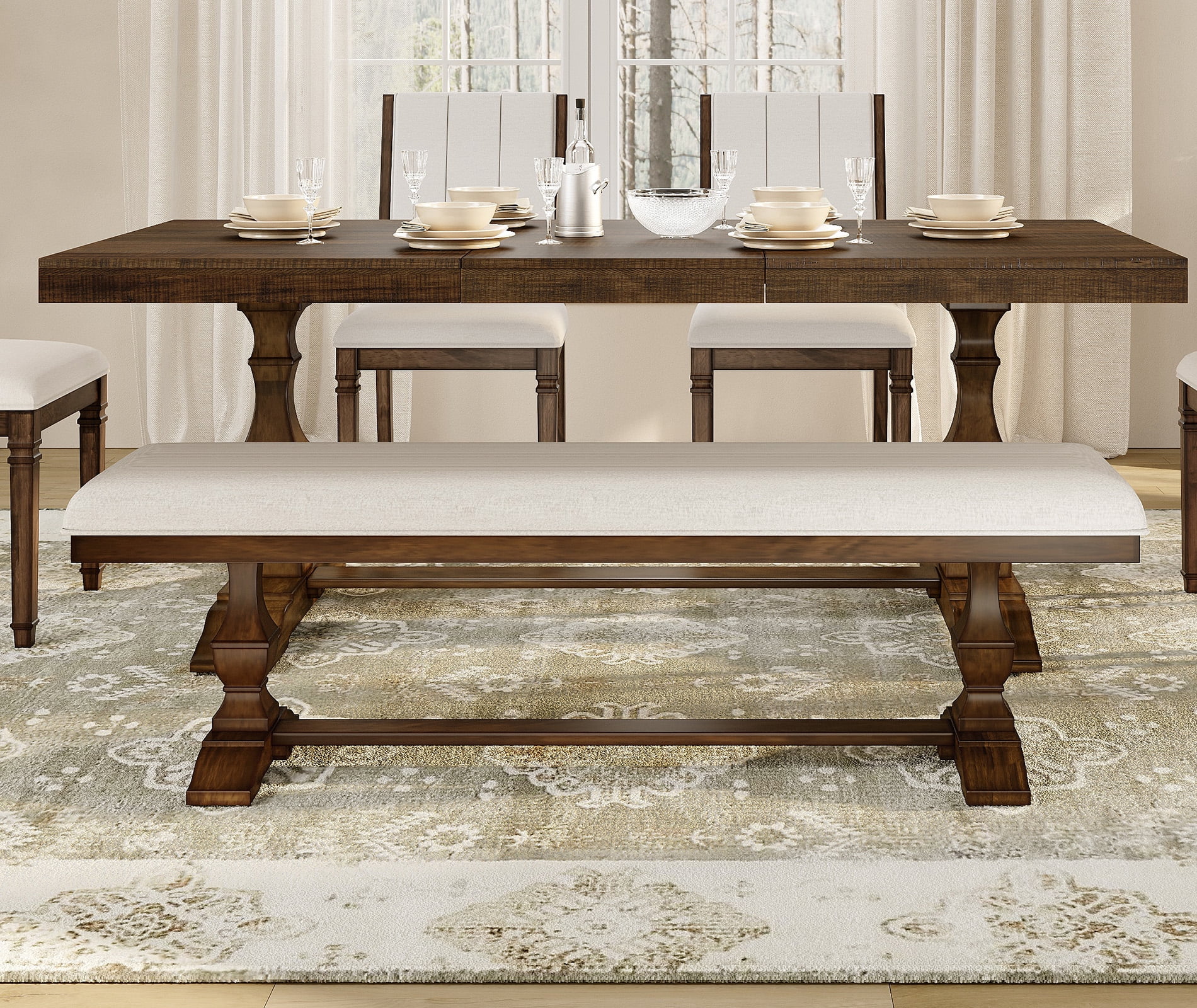 WAMPAT Farmhouse Dinning Bench Seat,59.8" Upholstered Bench with Premium Fabric and Solid Wood Legs for Kitchen, Living Room & Bedroom,Espresso