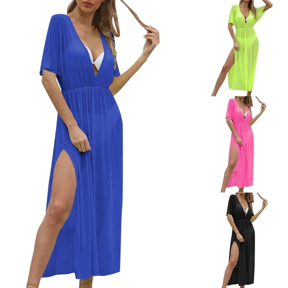 Womens Swimsuit Cover Up V Neck Bathing Suit Swimwear Bikini Coverup Long Split Kaftan Kimono Dress Summer Beach Clothing Hot Pink, One Size