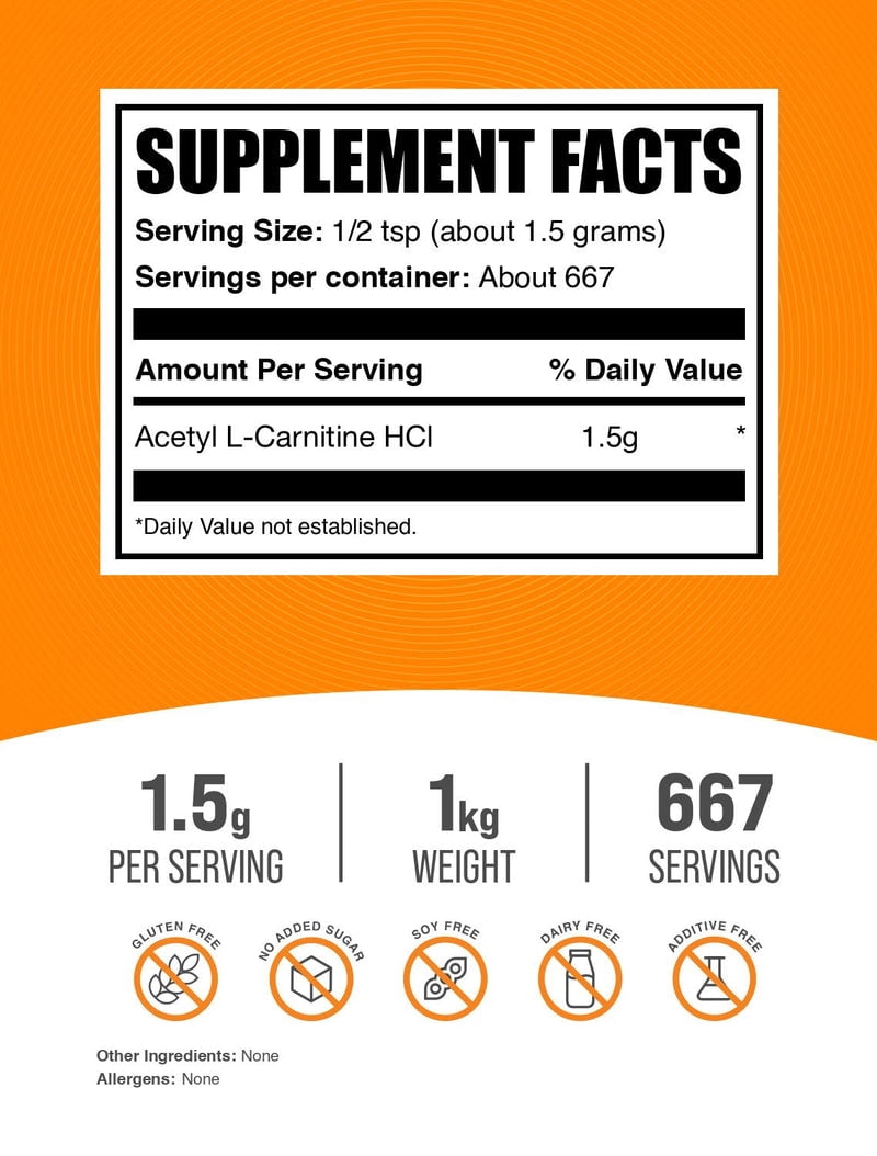 BulkSupplements Acetyl L-Carnitine Powder - ALCAR HCl, Amino Acid Supplement - Unflavored, 1.5g per Serving, 1kg (2.2 lbs)