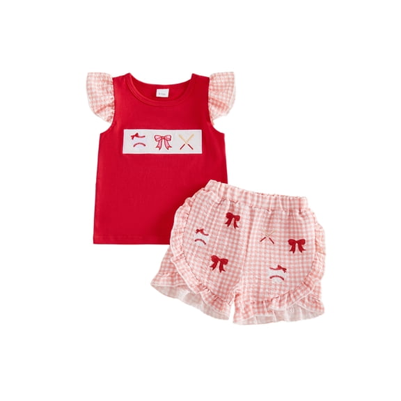 BemeyourBBs Toddler Baby Girl Summer Clothes Baseball Outfit Baseball Bow Embroidered Ruffled Trim Flying Sleeve T Shirt Tops and Ruffle Plaid Shorts 2 Pcs Set