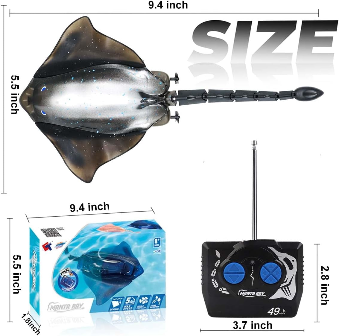 LAFALA Pool Toys Remote Control Stingray Diving into Water High Simulation Robot Manta ray Lights Rechargeable Battery Great Gift RC Boat for 8-12 Year Kids Black