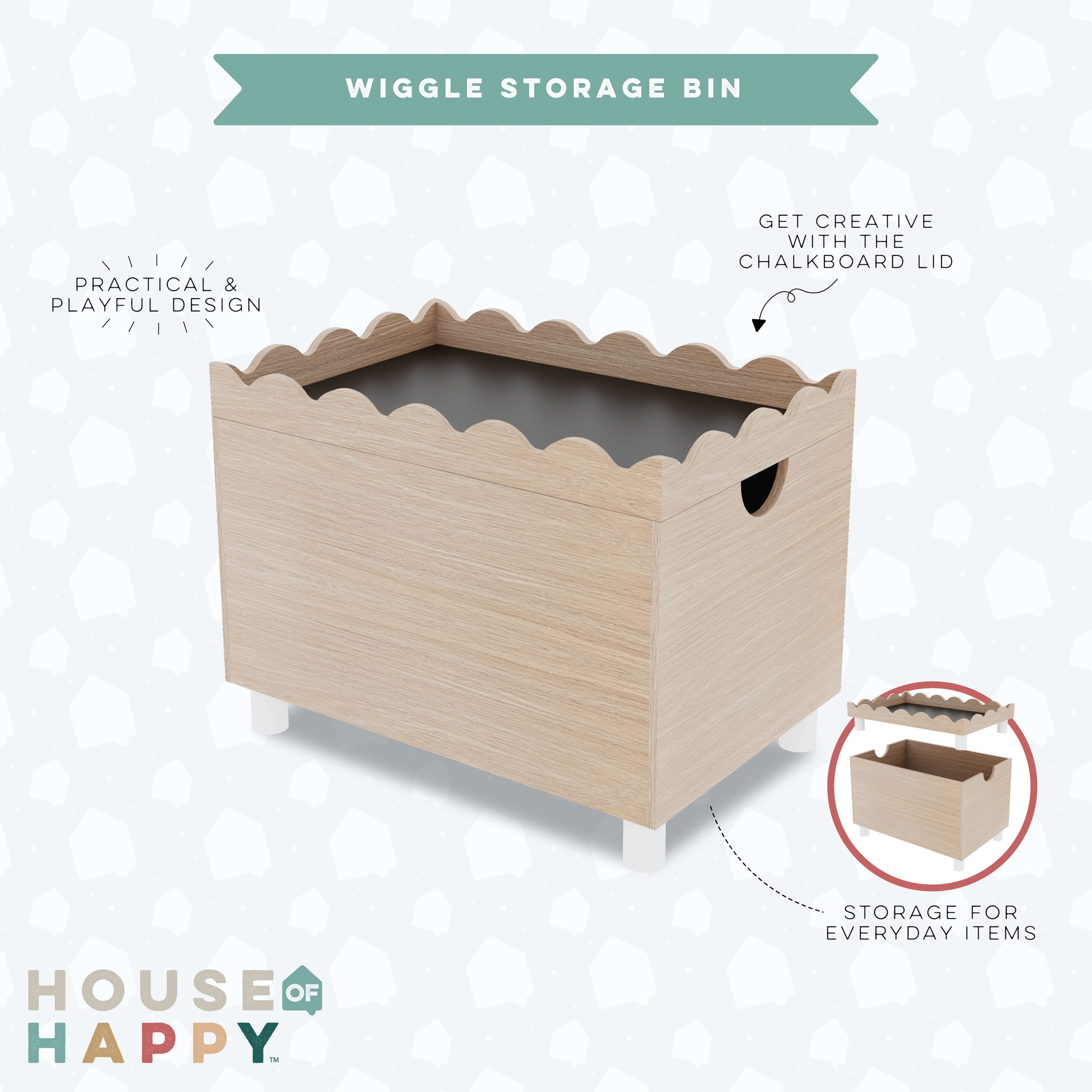 House of Happy Wiggle Wooden Kids Toy Storage Trunk with Lift-Off Top, Natural Finish