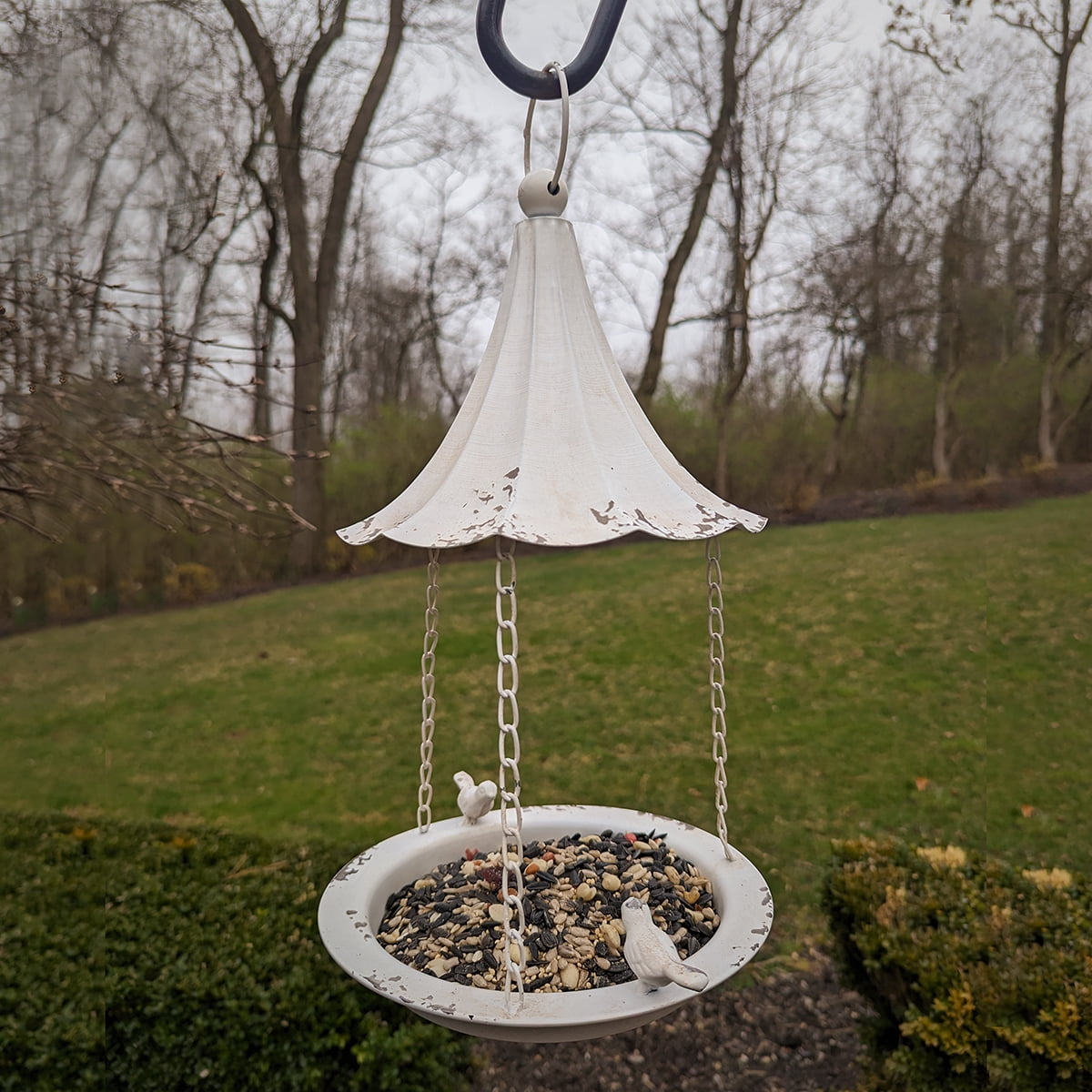 Metal Hanging White Gazebo Wild Bird Bath Feeder Outdoor Seed Tray Patio Yard Art Outside Garden Decor