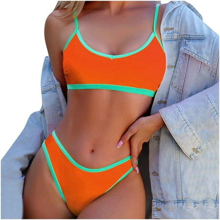 UTSJKR Bandeau Bikini Sets for Women Adjustable Splicing Color High Cut Thong Swimsuit Bottom Sports 2 Piece Sweawear Orange M