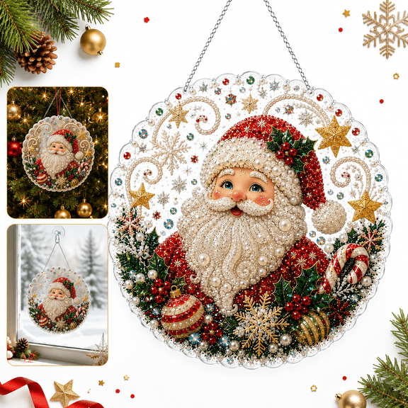 Santa Christmas Pearl Rhinestone Ornament Kit, Double-Sided DIY Acrylic Hanging Craft with Chain for Tree Window Wall Mantel