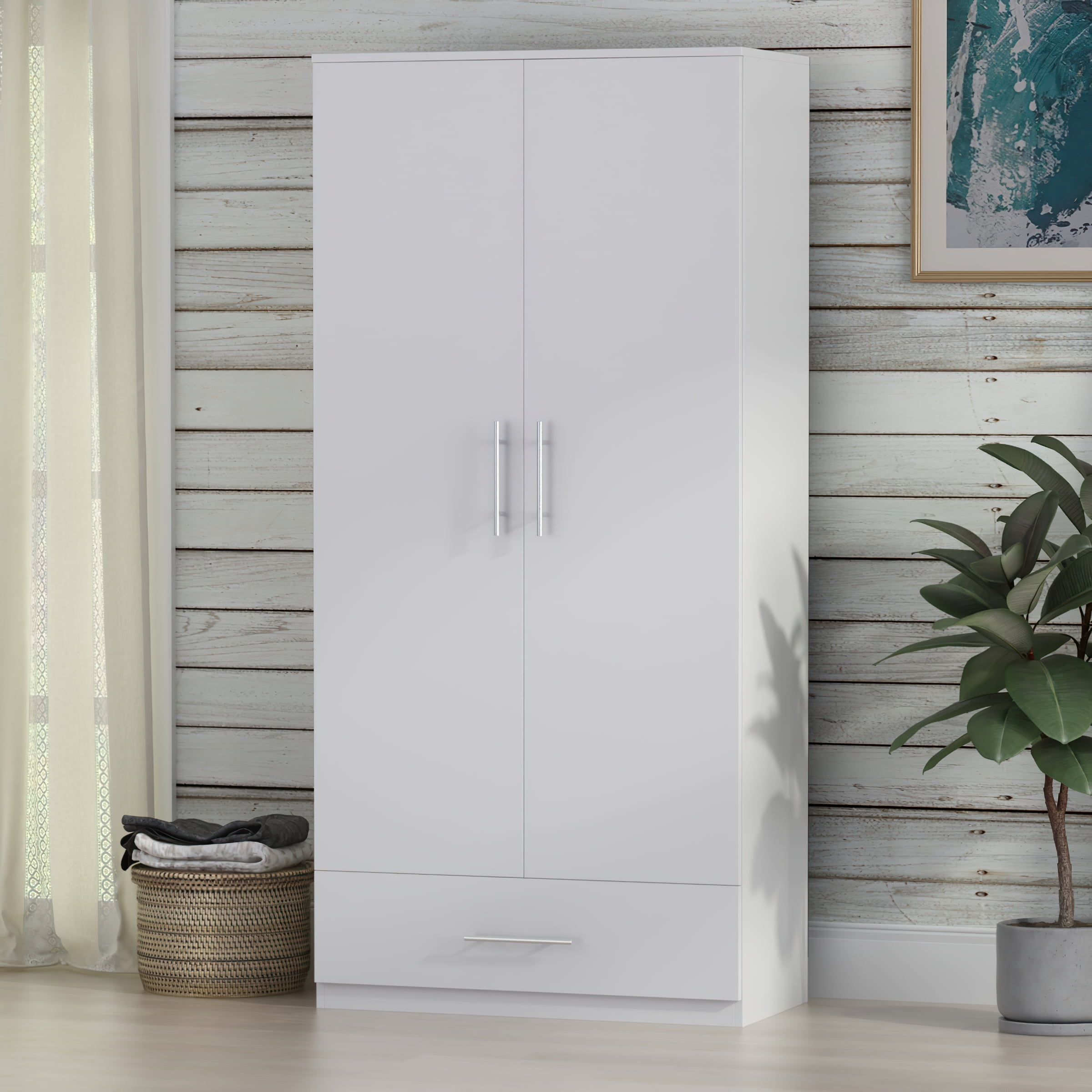 Timechee Modern 2 Door Wardrobe Armoires with Drawer and Hanging Rod, White