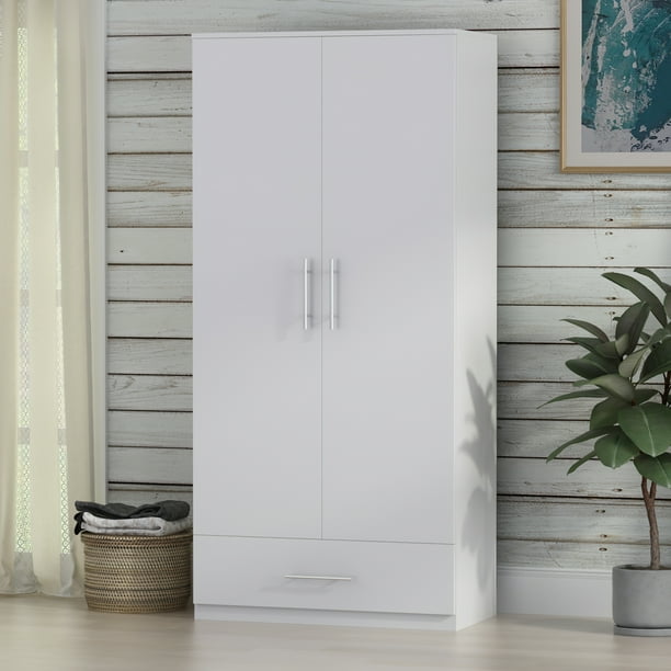 Timechee Modern 2 Door Wardrobe Armoires with Drawer and Hanging Rod