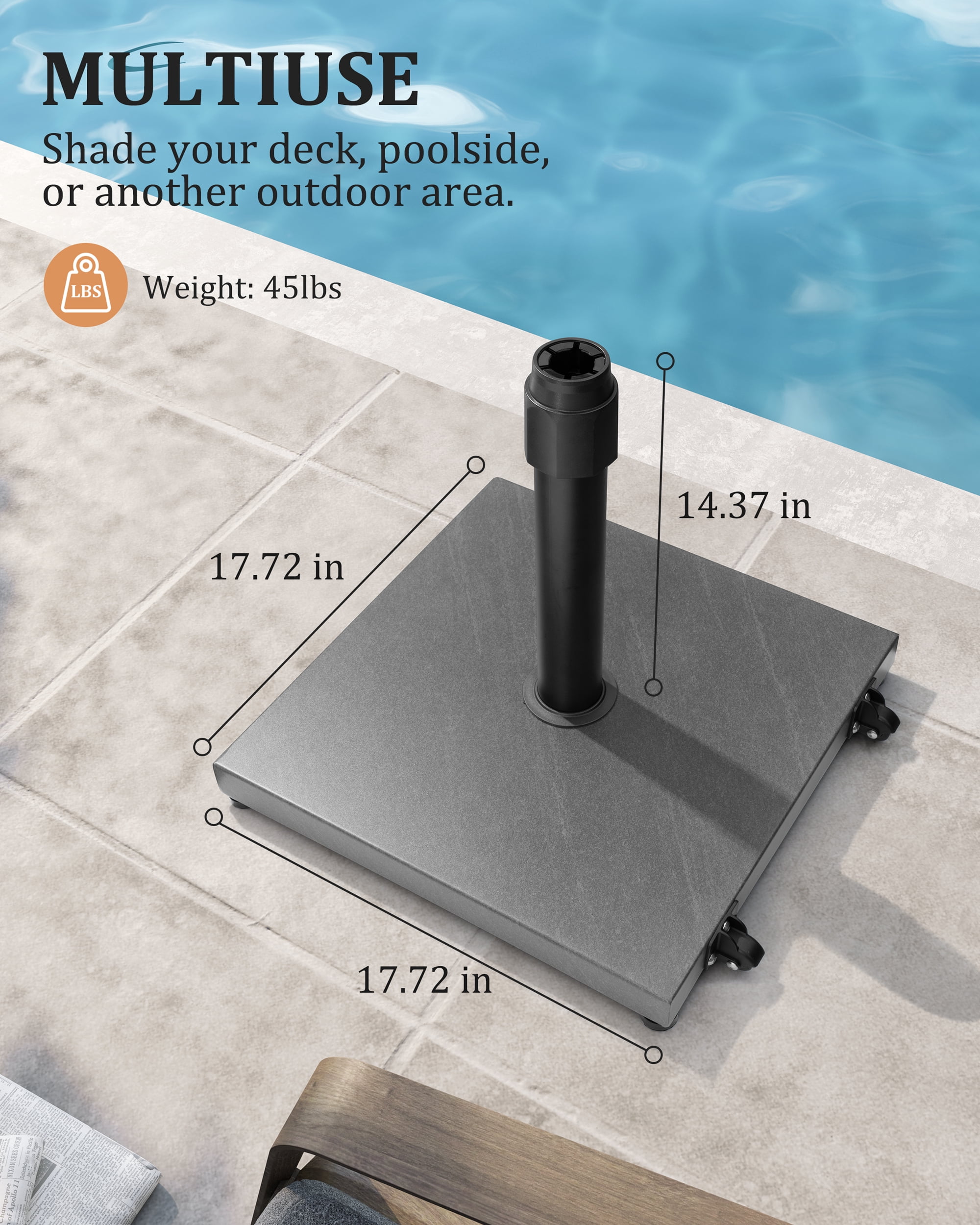 Crestlive Products 45lbs Pre-filled Concrete Umbrella Base with wheels, Heavy Duty Wind-Resistant, Fits 6-12ft Market Umbrella, Grey