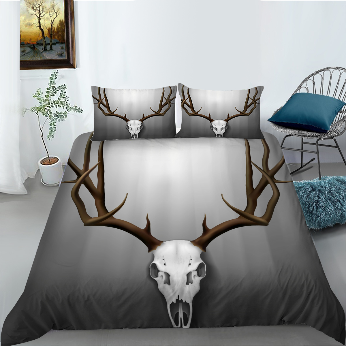 Deer Skull Duvet Cover Queen Deer Head Pattern Decor Bedding Set Adult