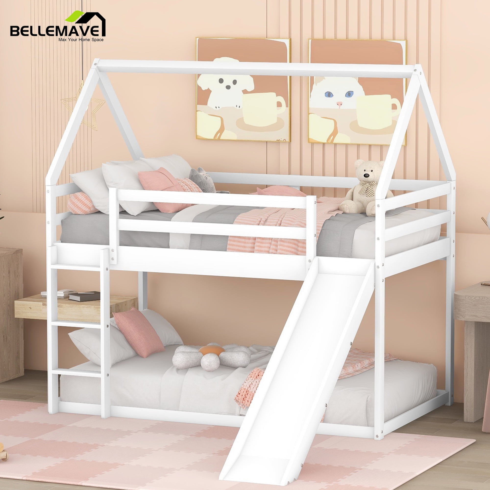 Bellemave Wood Twin Bunk Bed with Slide, Floor Toddler Bunk Bed, House ...