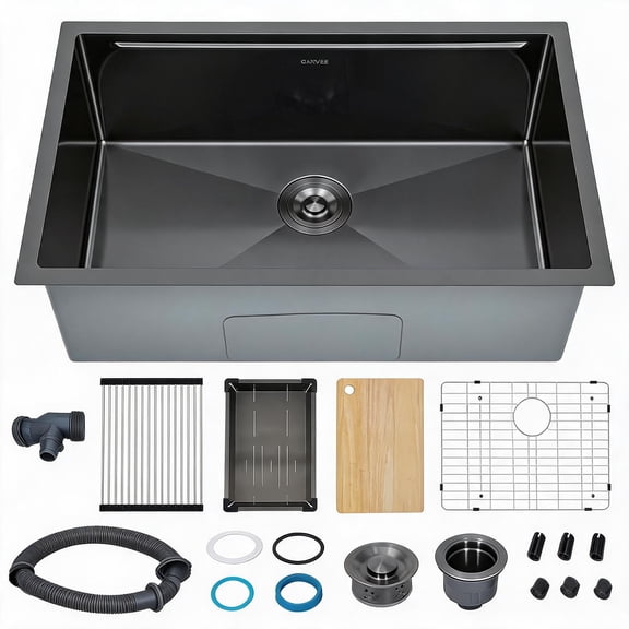 30 Inch Undermount Kitchen Sink, Black Stainless Steel Single Bowl Workstation Sink, 9 Inch Deep Basin with X-Shaped Drainage