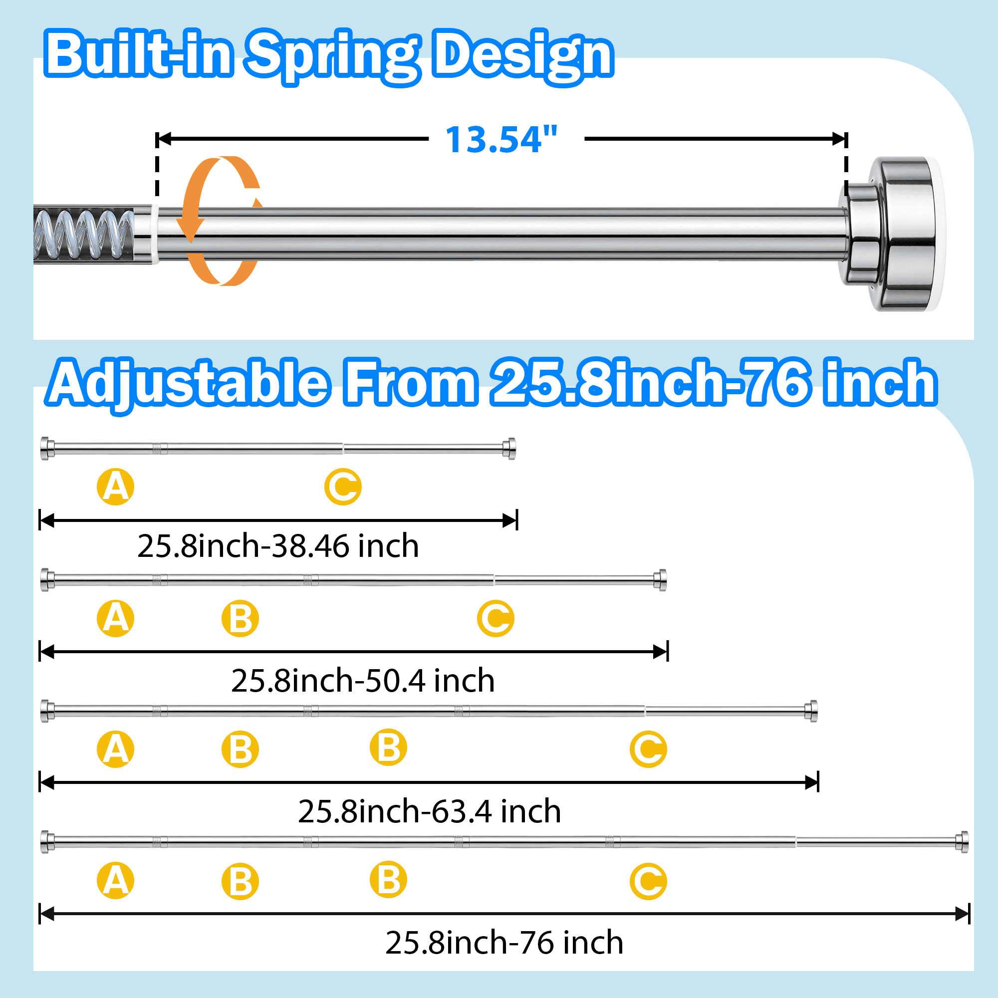 Adjustable Tension Curtain Rod, 25.8-76 Inch No Drill Stainless Steel Spring Tension Rod, Non Slip Shower Curtain Rod for Window Closet Bathroom