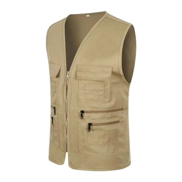 Yoodem Mens Vest Winter Coats for Men's Casual Outdoor Work Fishing Travel Photo Cargo Vest Jacket Multi Pockets Vest for Men Khaki 3XL