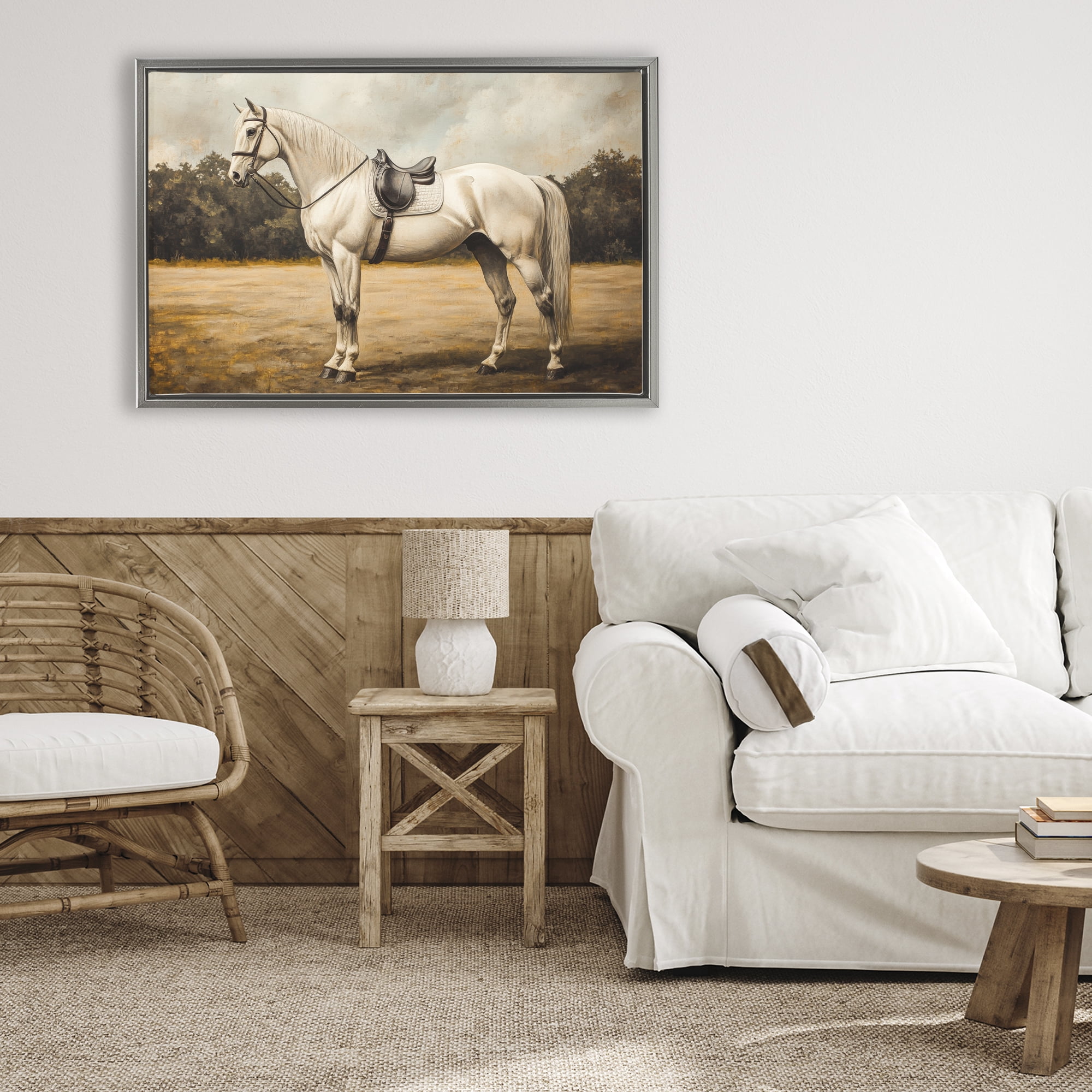 Stupell Industries White Mare with Saddle Gray Framed Floater Canvas Wall Art, design by Petal Prints Design