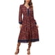thumbnail image 2 of Vestido midi de verano con cuello en V, mangas largas, cintura elástica y corte A de flores chic para mujer, XS, marrón, 2 of 5