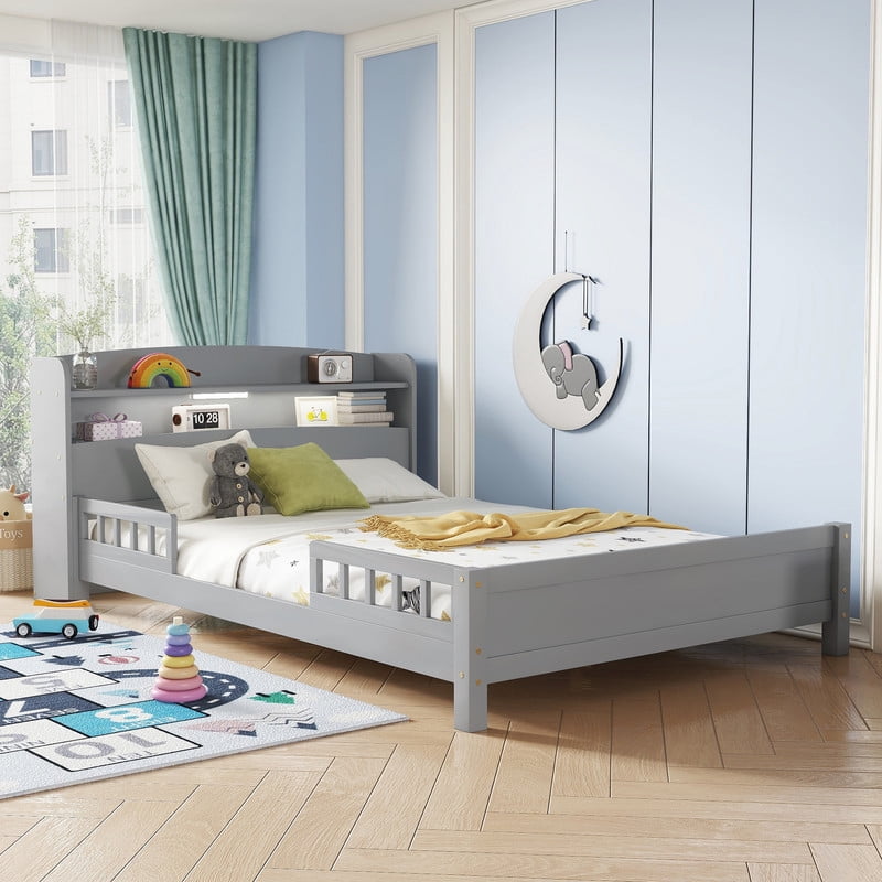 Full Size Bed Frame with Storage , Wood Full Bed with LED Lights and Storage Headboard, Full Size Platform Bed with Slats Support ,No Box Spring Needed, Grey