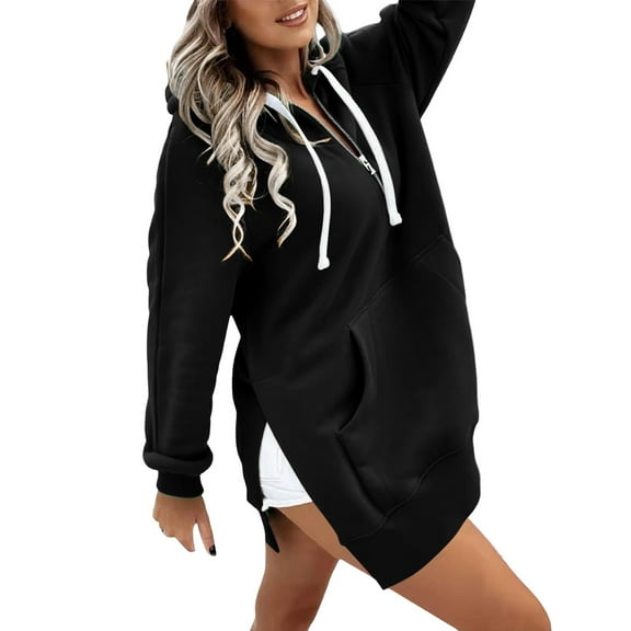 Women's Zip Up Hooded Sweatshirt Comfortable Long Sleeve Pullover with Pocket Casual Outerwear Black L