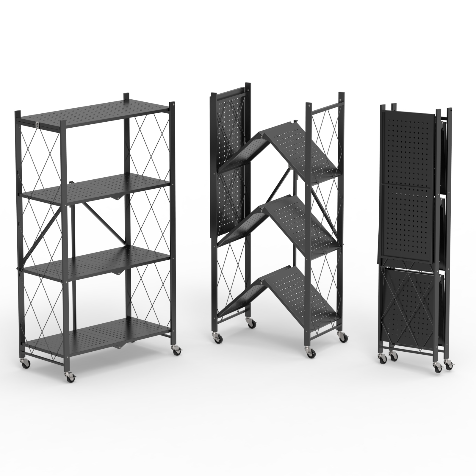Ofey Folding 4 Tier Metal Wire Shelf Unit with Casters Movable Storage Shelf Black