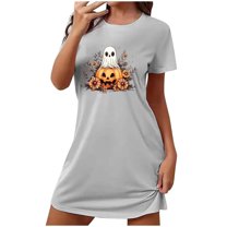Sakmal Loose House Dress for Women Cozy Gray Cloud-Like Halloween Loungewear Pumpkin Print Short Sleeve Short Crew Neck Nightgowns S-2XL