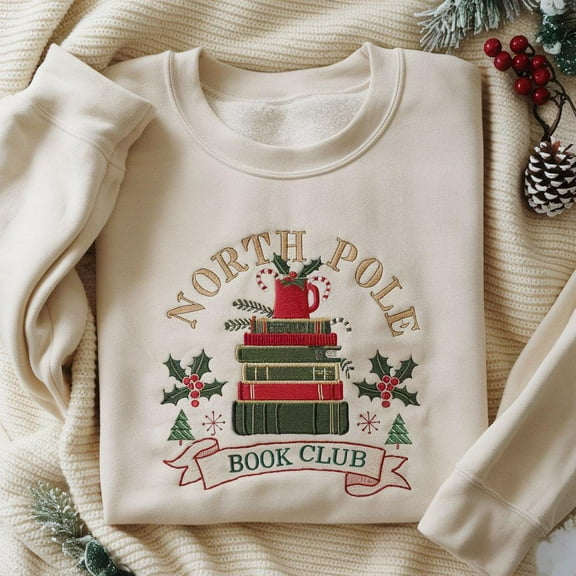 North Pole Book Club Embroidered Sweatshirt, Bookish Christmas Shirt, Book Lover Gift, Book Club Christmas Shirt, Gift for Book Lover