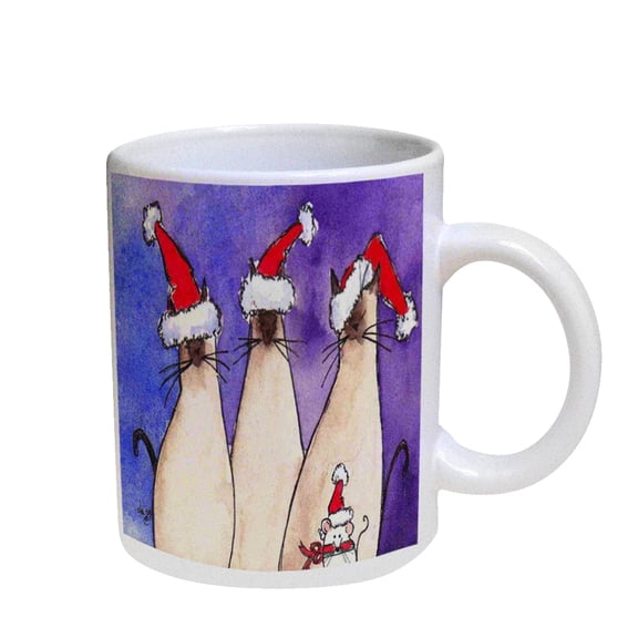 KuzmarK Coffee Cup Mug Pearl Iridescent White - Siamese and Mouse in Santa Hats Christmas Cat Art by Denise Every