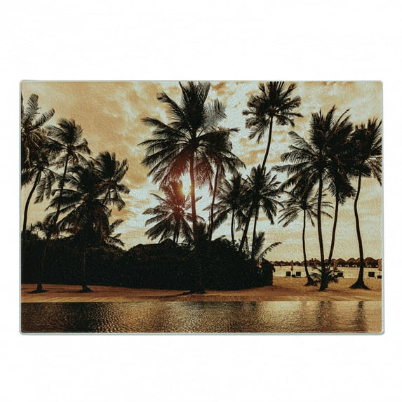 Beach Cutting Board, Tropic Ocean Sea Love Bora Bora Island Palms Art Scenery View in Sunset Colors, Decorative Tempered Glass Cutting and Serving Board, Small Size, Orange and Brown, by Ambesonne