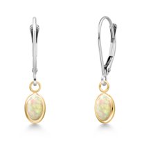 Gem Stone King 14K Two Tone Gold White Ethiopian Opal Earrings for Women | 0.64 Cttw | Gemstone October Birthstone | Oval Cabochon 6X4MM
