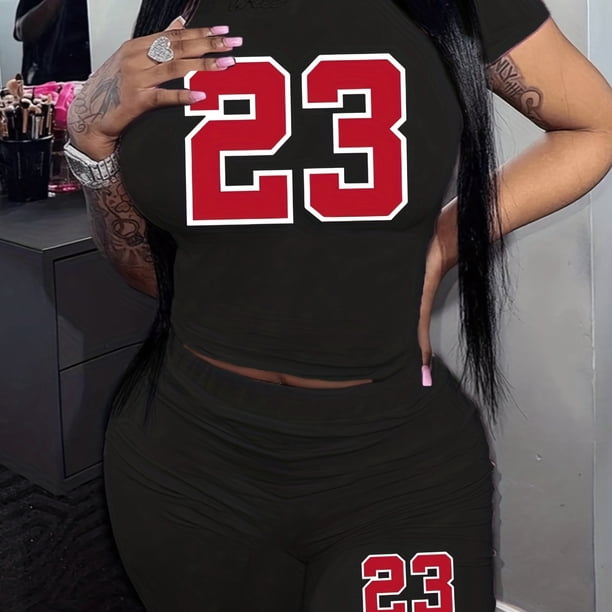 Número 23 Conjunto Casual de Dos Piezas, Camiseta de Manga Corta con Cuello Redondo y Pantalones Cortos de Entrenamiento, Ropa de Mujer