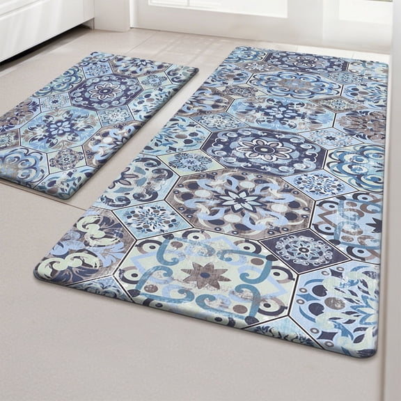 MeyJey Boho Kitchen Rug Set of 2, Non-Slip Anti-Fatigue Waterproof Cushioned Mat for Kitchen, Dining & Laundry Room, 18"x30" 18"x48" Navy/Brown