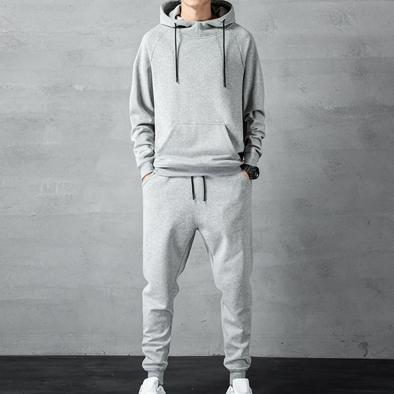 1 Set Men Hoodie Pants Solid Color Ribbed Cuff Jogger Suit