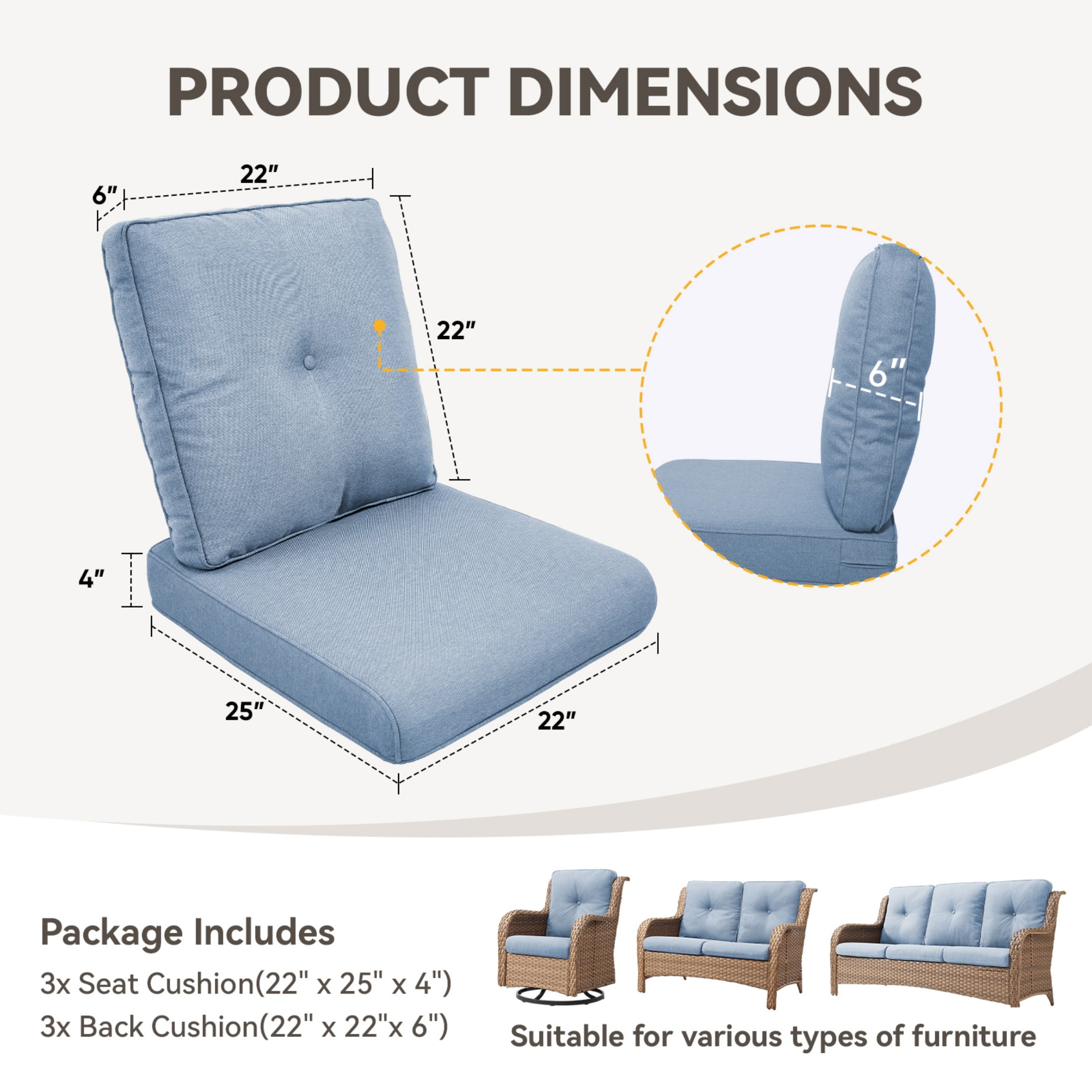 Unnifurnzi Outdoor Deep Seat Cushions Set of 3-22 x 25 x 4 Inch Outdoor Furniture Cushion with Water Resistant & Removable Cover Outdoor Chair Cushion for Patio Furniture Sofa Couch-Baby Blue