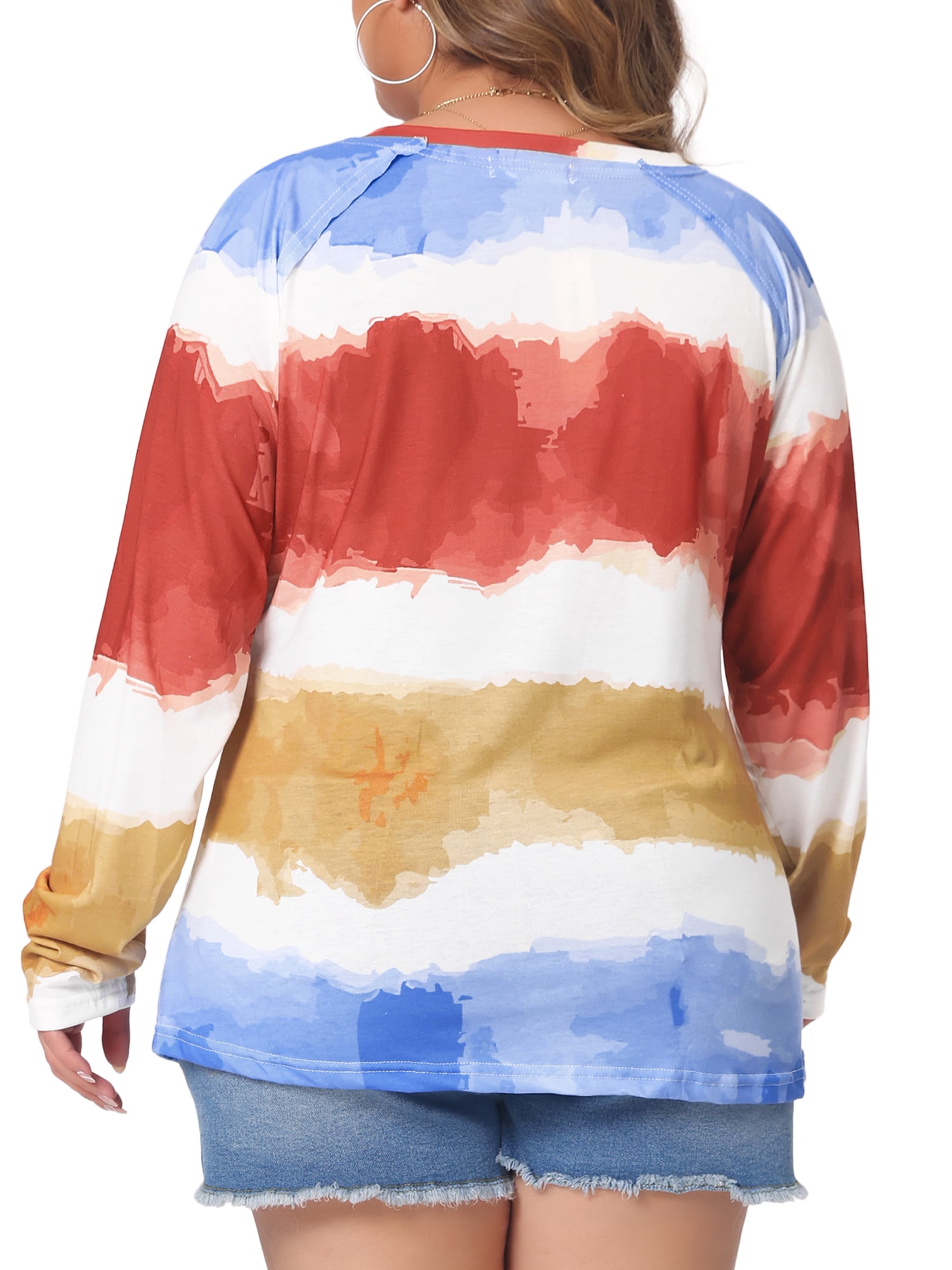 Unique Bargains Women Plus Size Tops Long Sleeve Shirts V Neck Tie Dye Blouses Blue 2X