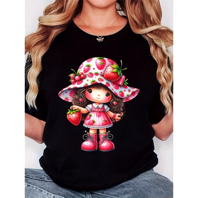 Women'S T-Shirt, "Little Girl in Hat Strawberry" Print, Retro Minimalist Fashion, Round Neck, Casual Comfort, Sports Short Sleeve T-Shirt