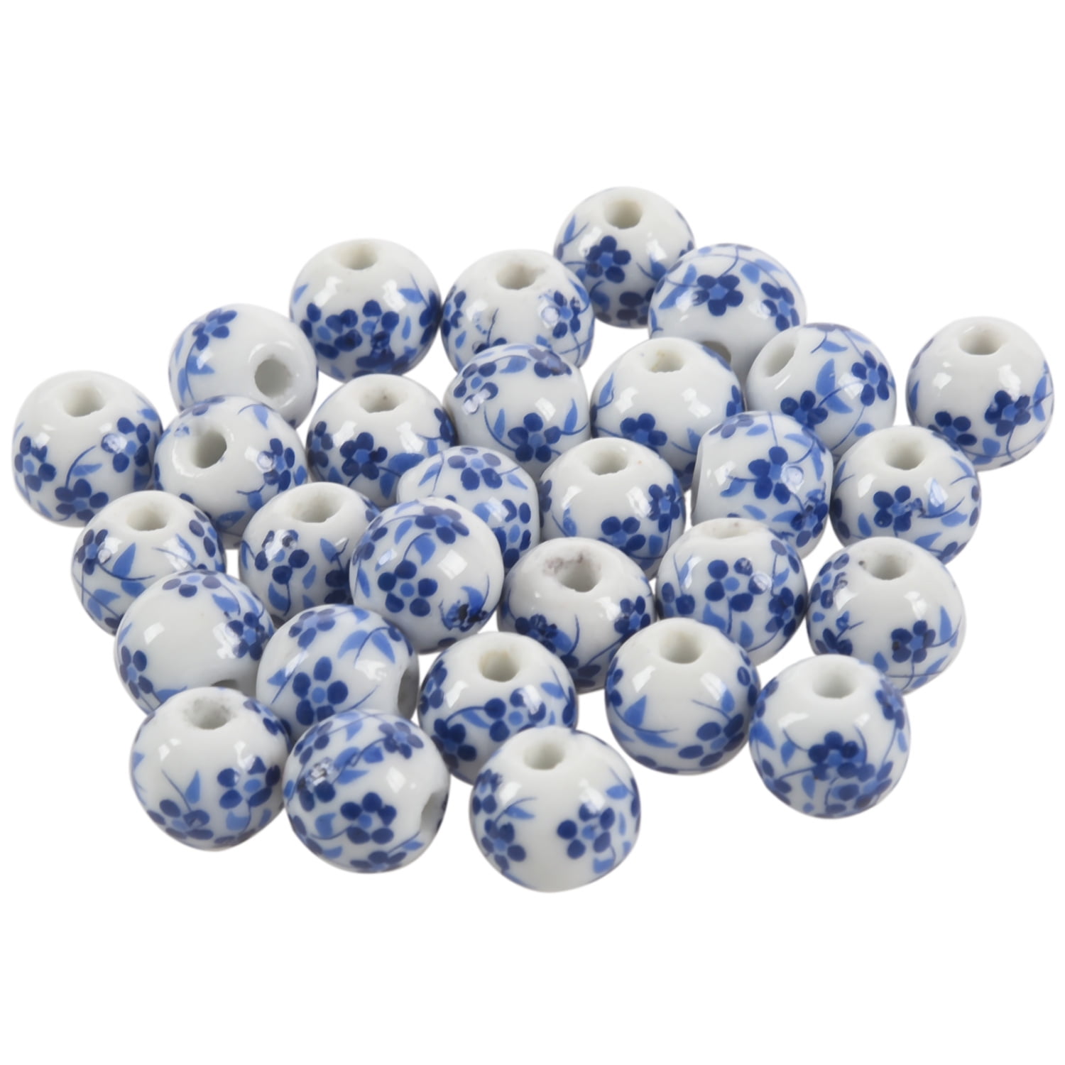 30x Flower Pattern Round Ceramic Beads 12mm Dia White+Blue J4F1 R O3M1 4/8inch