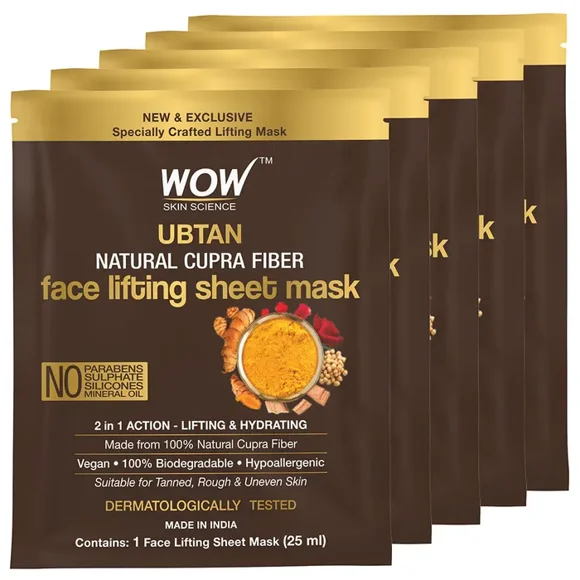 Wow Skin Science Sandalwood Oil, Saffron & Turmeric Extract Infused 2 in 1 Ubtan Face Lifting Sheet Mask - for Tan Removal & Anti-aging, Pack of 5