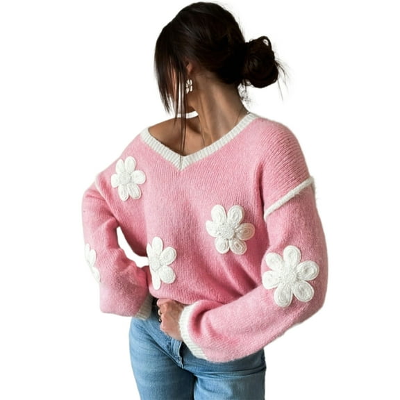 Women's Pink Floral V Neck Dropped Shoulder Sweater - [ZhiHiMeRi] | (US 12-14)L