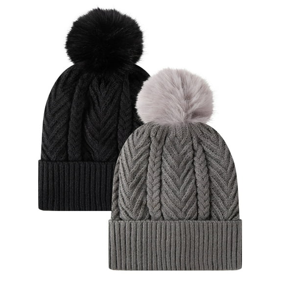 COOPLUS Winter Beanie for Women Winter Hats Soft Thick Lined with Pom Pom Warm Knitted Snow Cap for Women 2 Packs