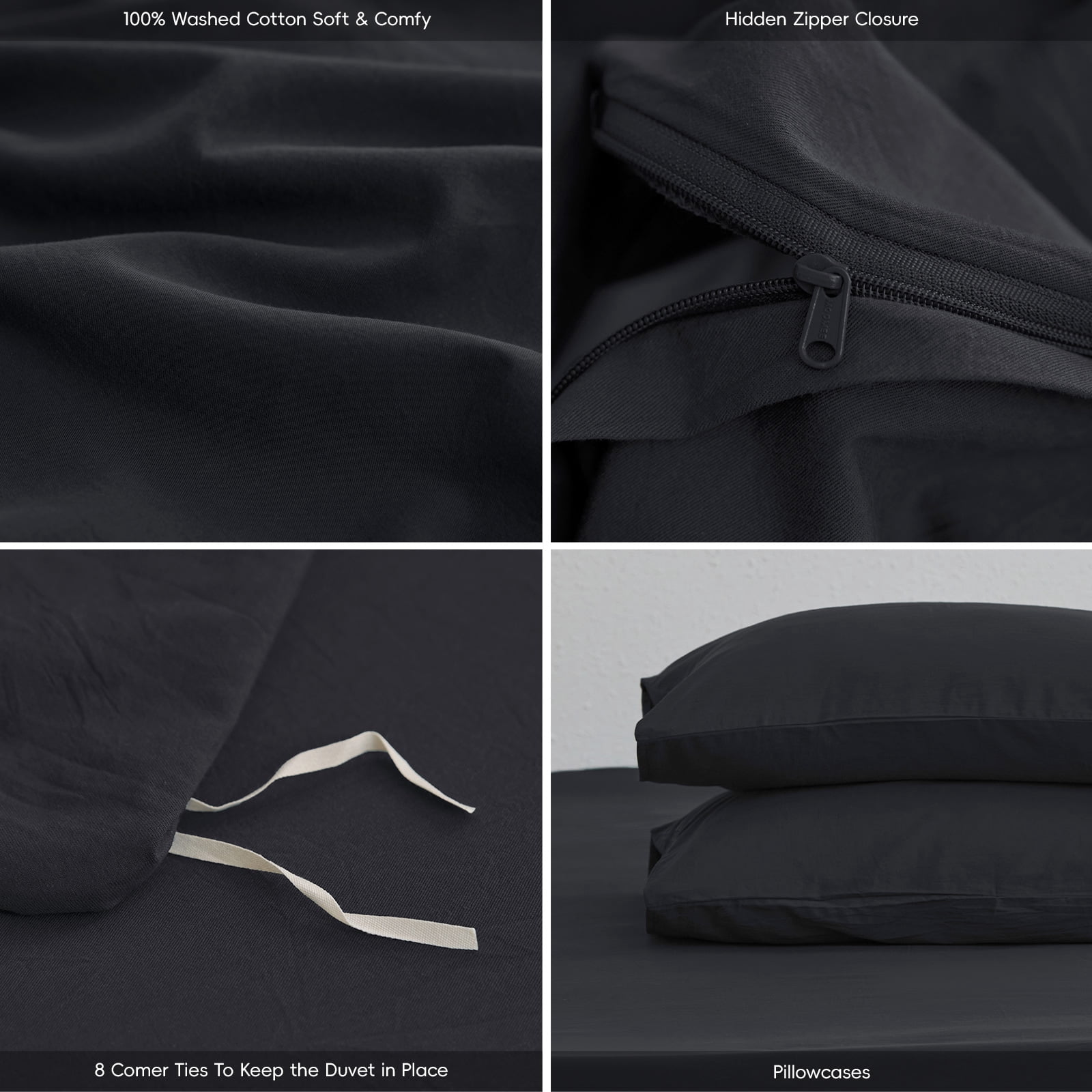 MooMee Duvet Cover Set Queen 100% Washed Cotton Twill Ultra-Soft Breathable Linen Like 3-Piece (Black, 90"x90")