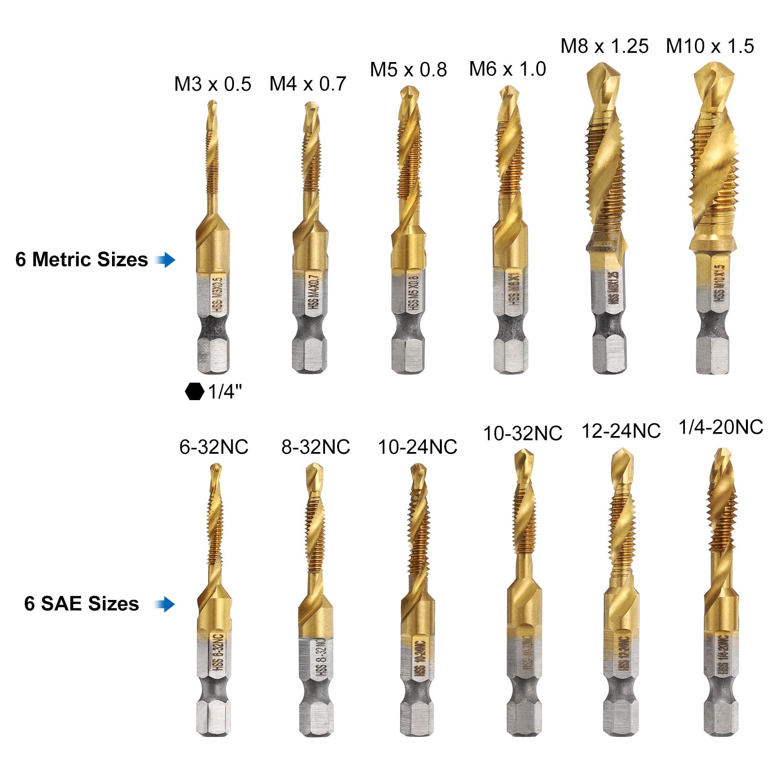 Uxcell 13 Pieces Combination Drill and Tap Bit Set, SAE 6-32NC to 1/4-20NC Metric M3 to M10 Taps Ti-Coated with Adapter