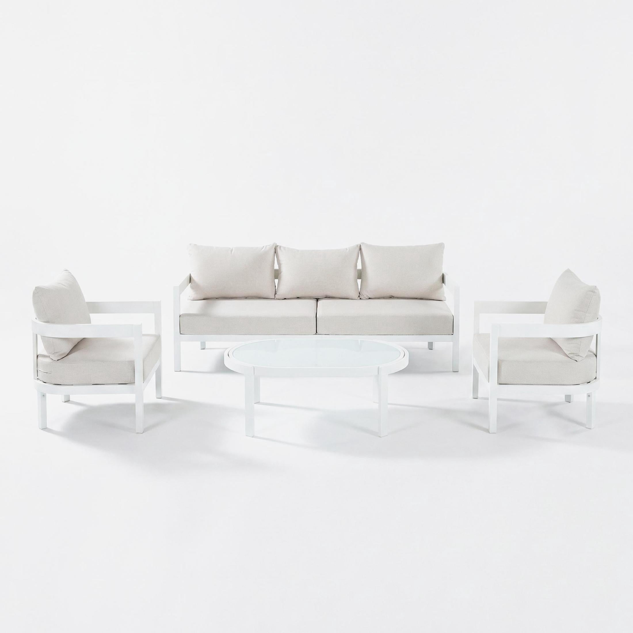 Christopher Knight Home 4 Piece Patio Conversation Set, Aluminum Sofa Chairs with Glass Table, White + Beige