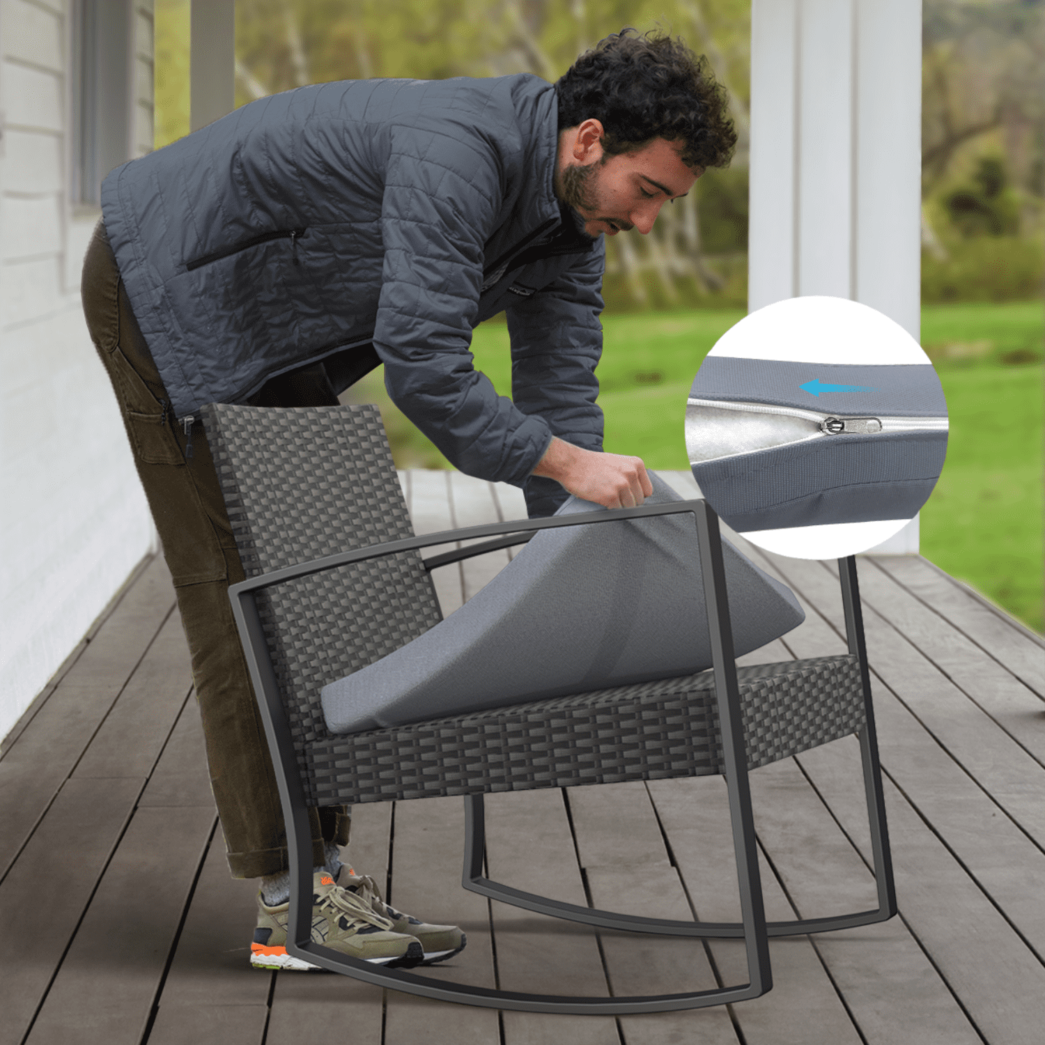 Patio Furniture Set on Sale, Jolifa 3-Piece Outdoor Bistro Balcony Chairs Set with Rocking Chairs and Tempered Glass Table for Porch & Backyard, Gray Cushion(Included)